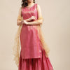 Indyancart VA Women'sPink & Gold-Colored Brocade Sleeveless Kurta Sharara With Sequins Ruffle Dupatta
