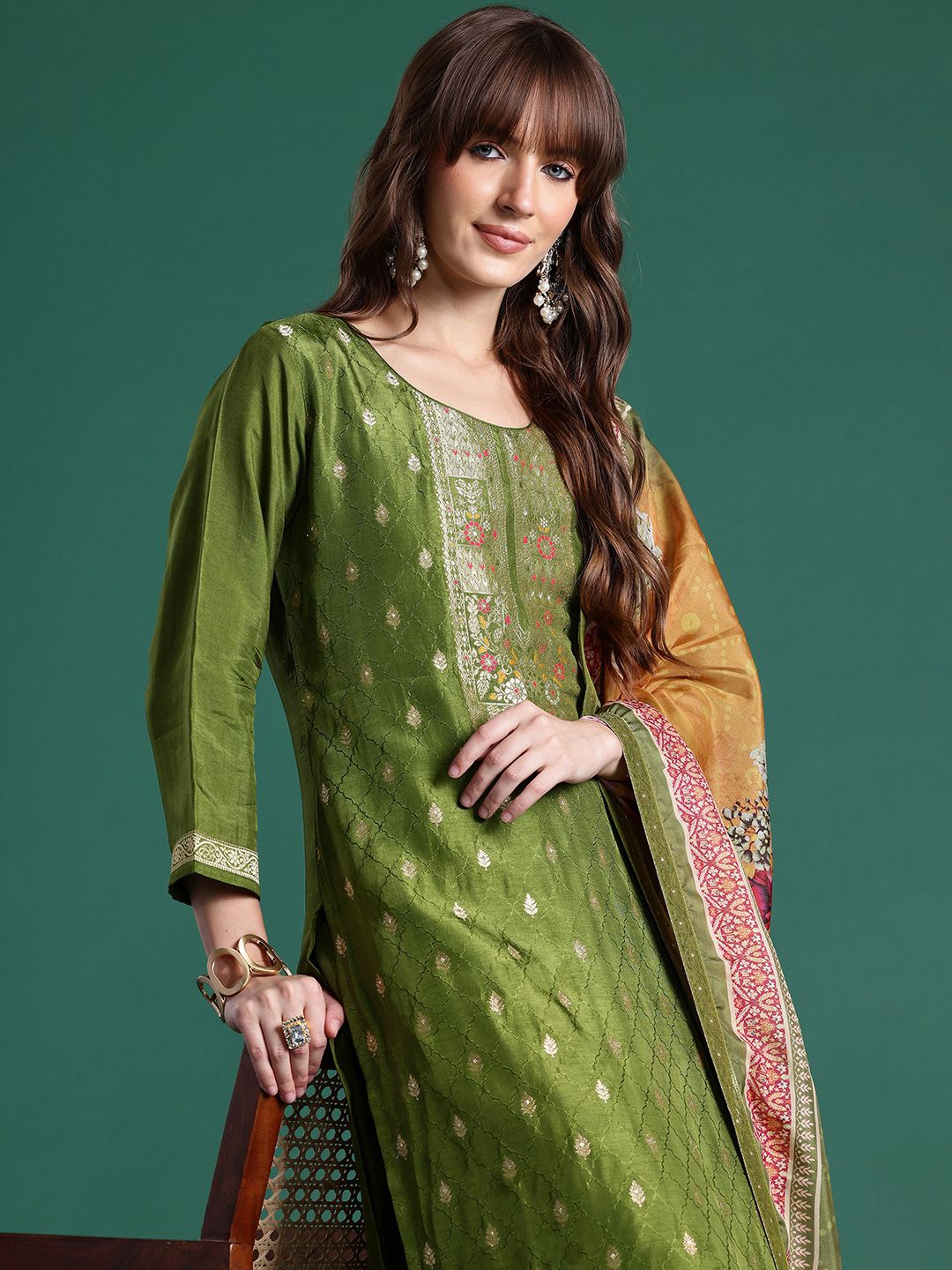 Indyancart IE Ethnic Motifs Kurta with Trousers & Dupatta