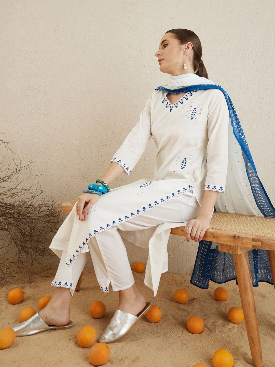 V Neck Ethnic Embroidered Pure Cotton Straight Kurta with Trouser & Dupatta