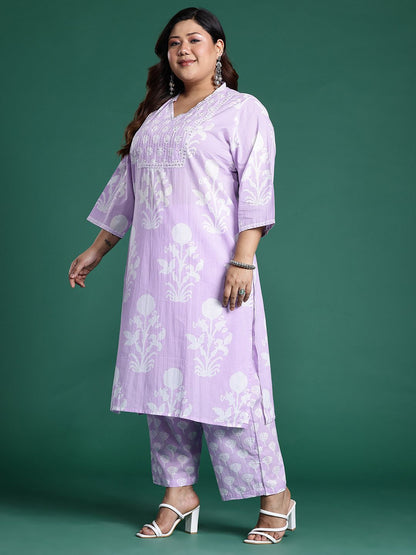 Indyancart Women's Plus Size Floral Printed Sequinned Pure Cotton Kurta with Trousers & With Dupatta