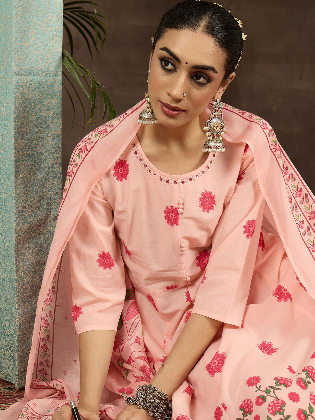 Floral Printed Round Neck Pure Cotton Anarkali Kurta With Trousers & Dupatta