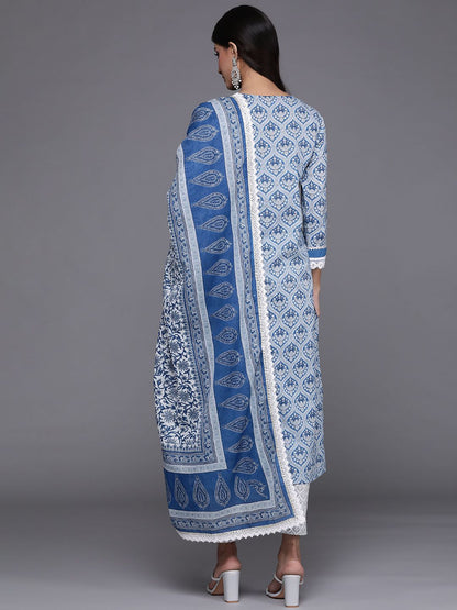 Indyancart VA Women's Blue & Grey Ethnic Printed Pure Cotton Kurta with Trousers & Dupatta