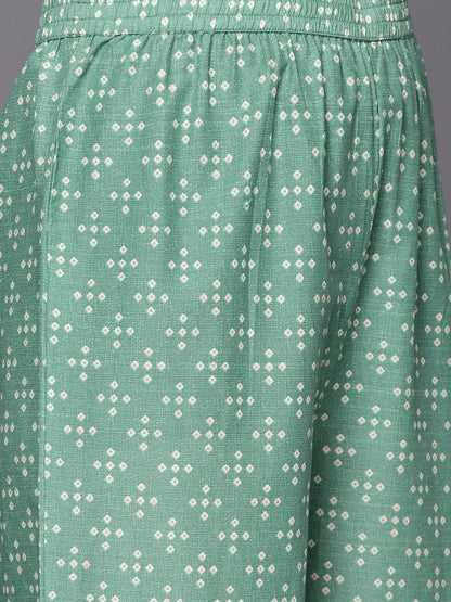 Indyancart VA Women's Teal Bandhani Printed High Slit Gotta Patti Pure Cotton Kurta with Palazzos & With Dupatta
