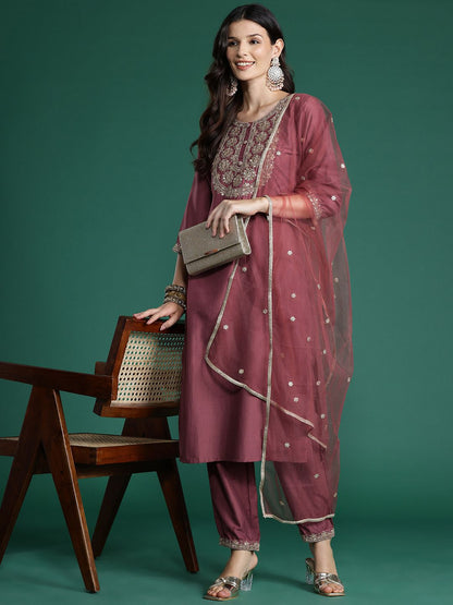 Floral Yoke Design Sequinned Kurta With Trousers & Dupatta