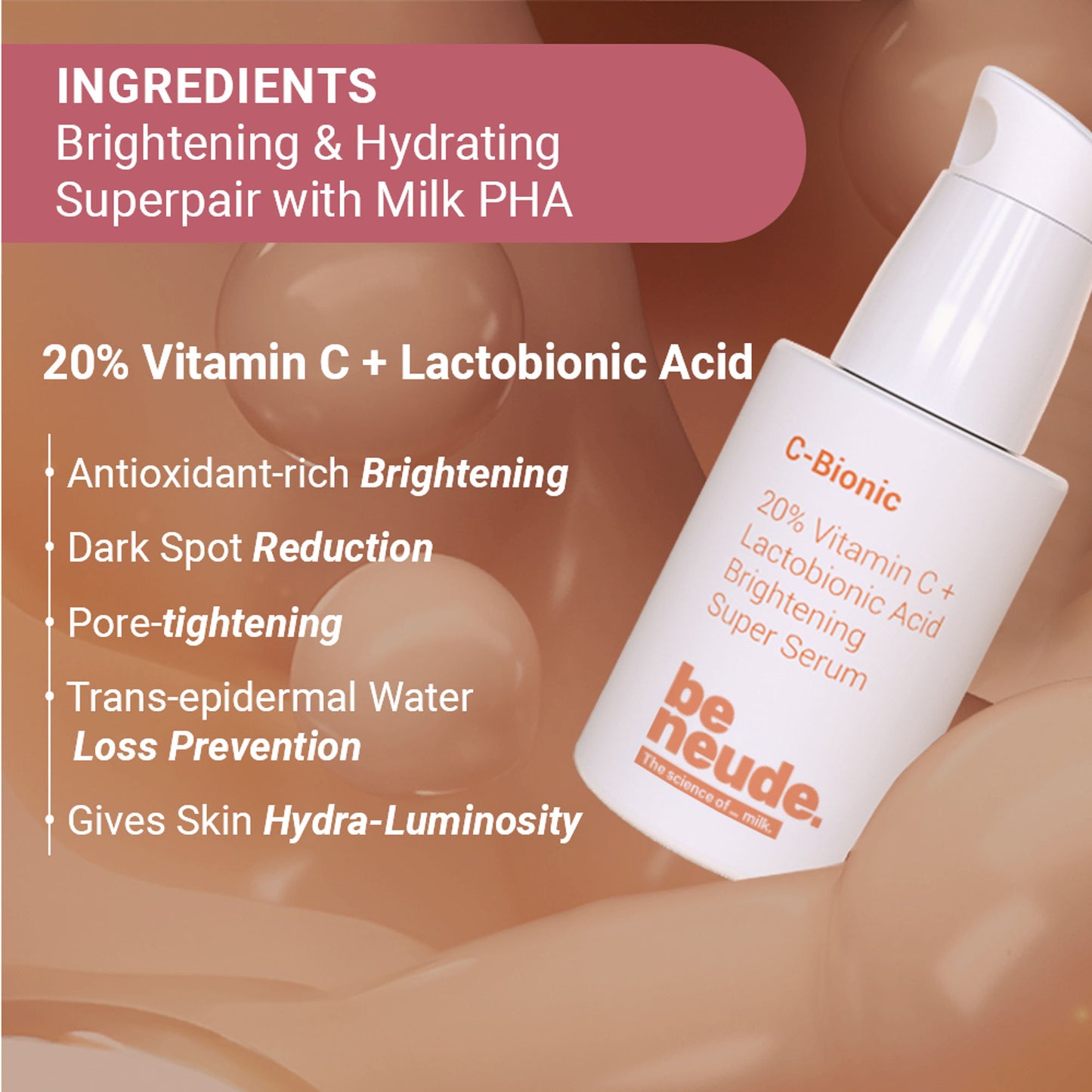 Be Neude 20% Vitamin C and Lactobionic Acid Brightening Serum with Glutathione and Ferulic