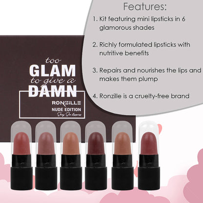Ronzille Too Glam To Give A Damn Bullet Lipstick Set Of 6 - Nude Edition