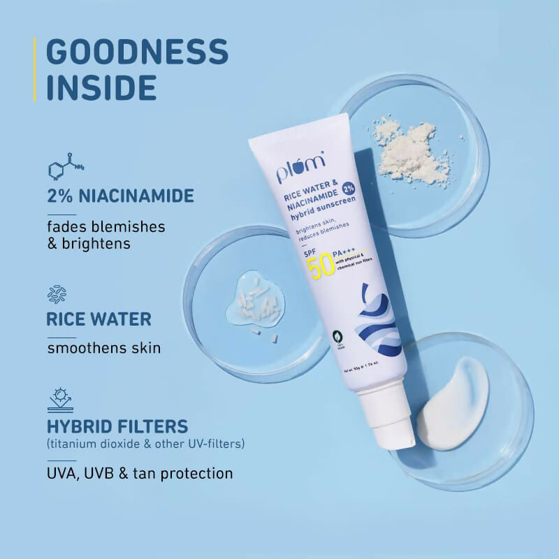 Plum Niacinamide Sunscreen SPF 50 PA+++ with red packaging, smooth texture, and no white cast, dermatologically tested.