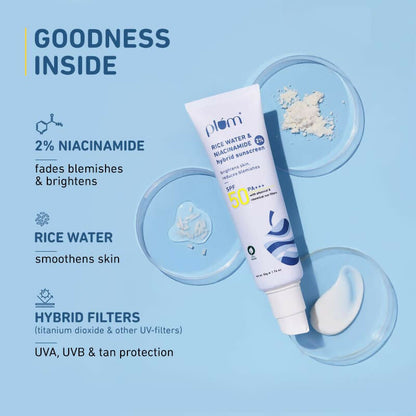 Plum Niacinamide Sunscreen SPF 50 PA+++ with red packaging, smooth texture, and no white cast, dermatologically tested.