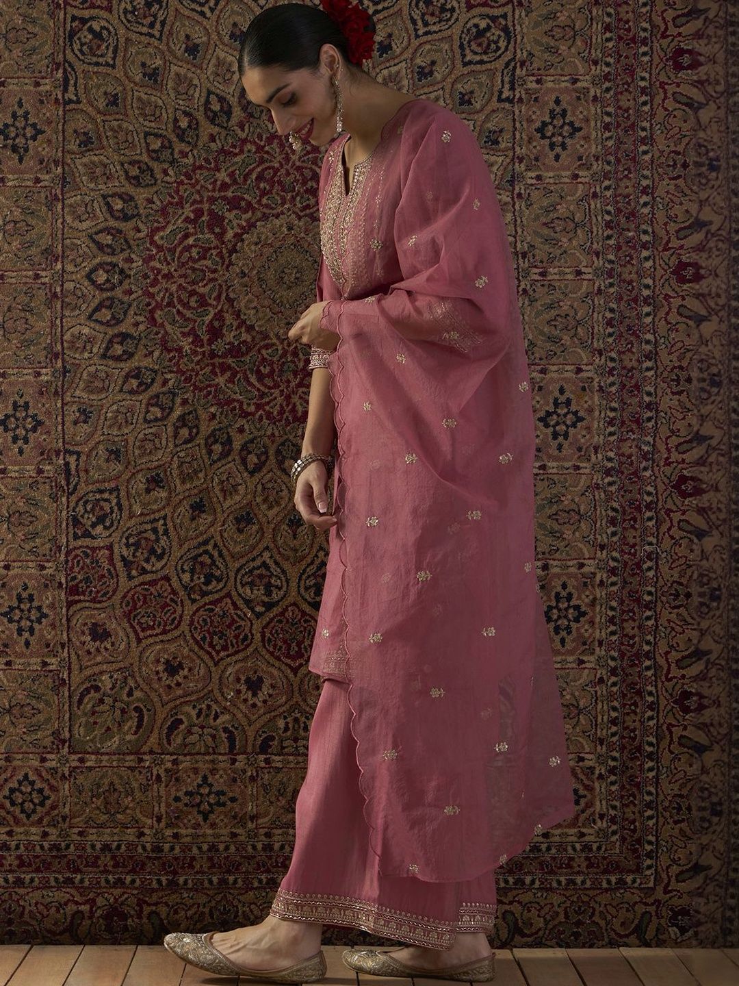 Indyancart IE Ethnic Motifs Embroidered Notch Neck Zari Kurta With Palazzos & Dupatta