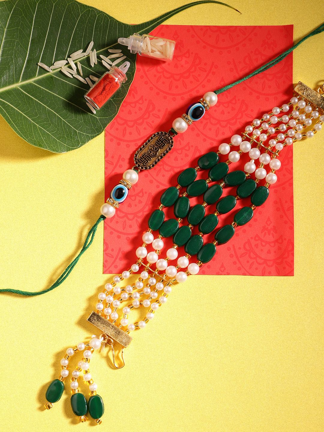Anouk Unisex Set of 2 Beaded Bhai Bhabhi Rakhis With Roli & Chawal