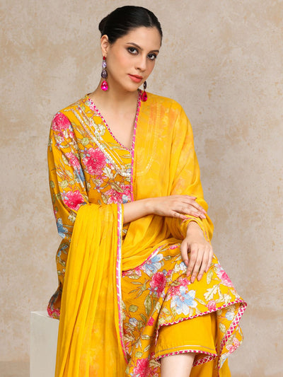 Indyancart VA Women's Ethnic Motifs Printed Regular Beads and Stones Pure Cotton Kurta with Trousers & With Dupatta