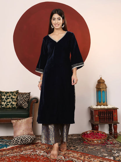 Indyancart VA Women'sGota & Zari Embroidered Velvet Winter Kurta with Trouser