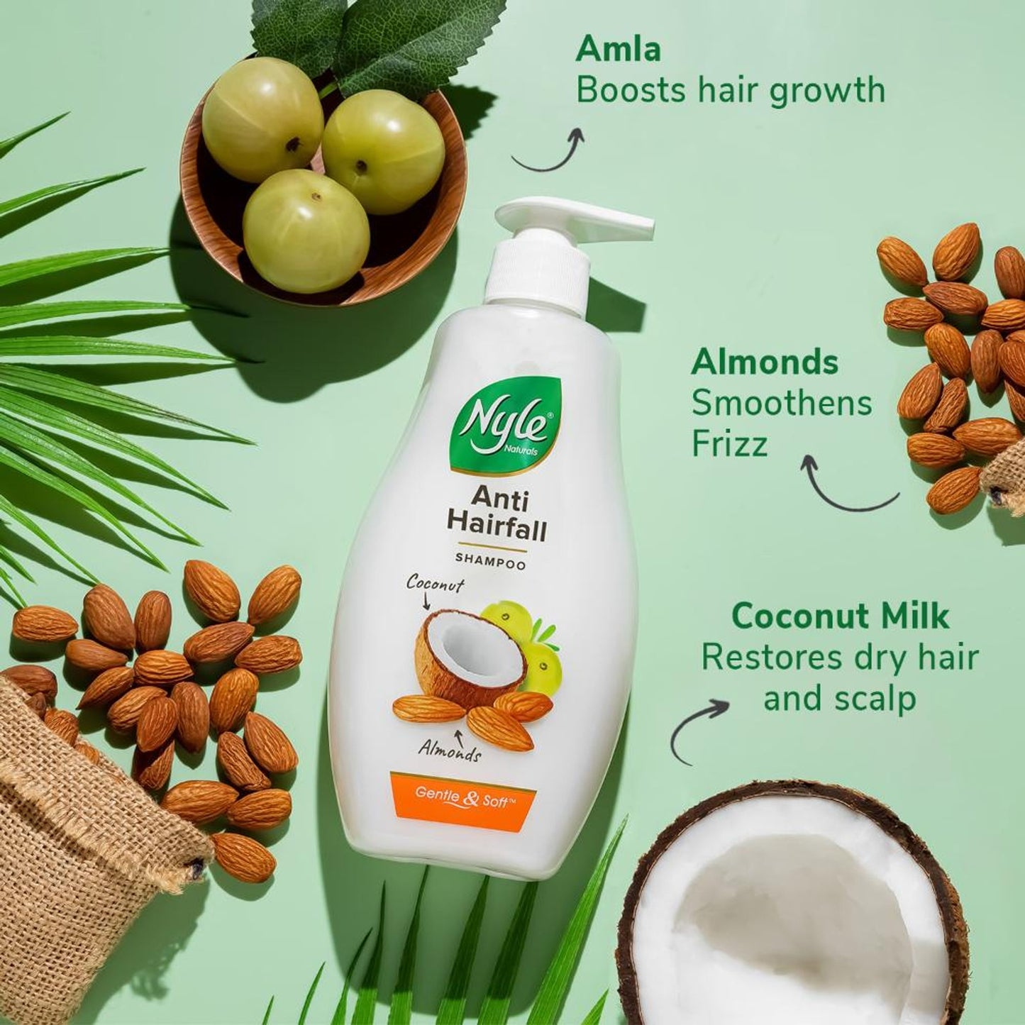 Nyle Naturals Anti-Hairfall Shampoo, With Coconut Milk, Badam and Amla, Gental & Soft