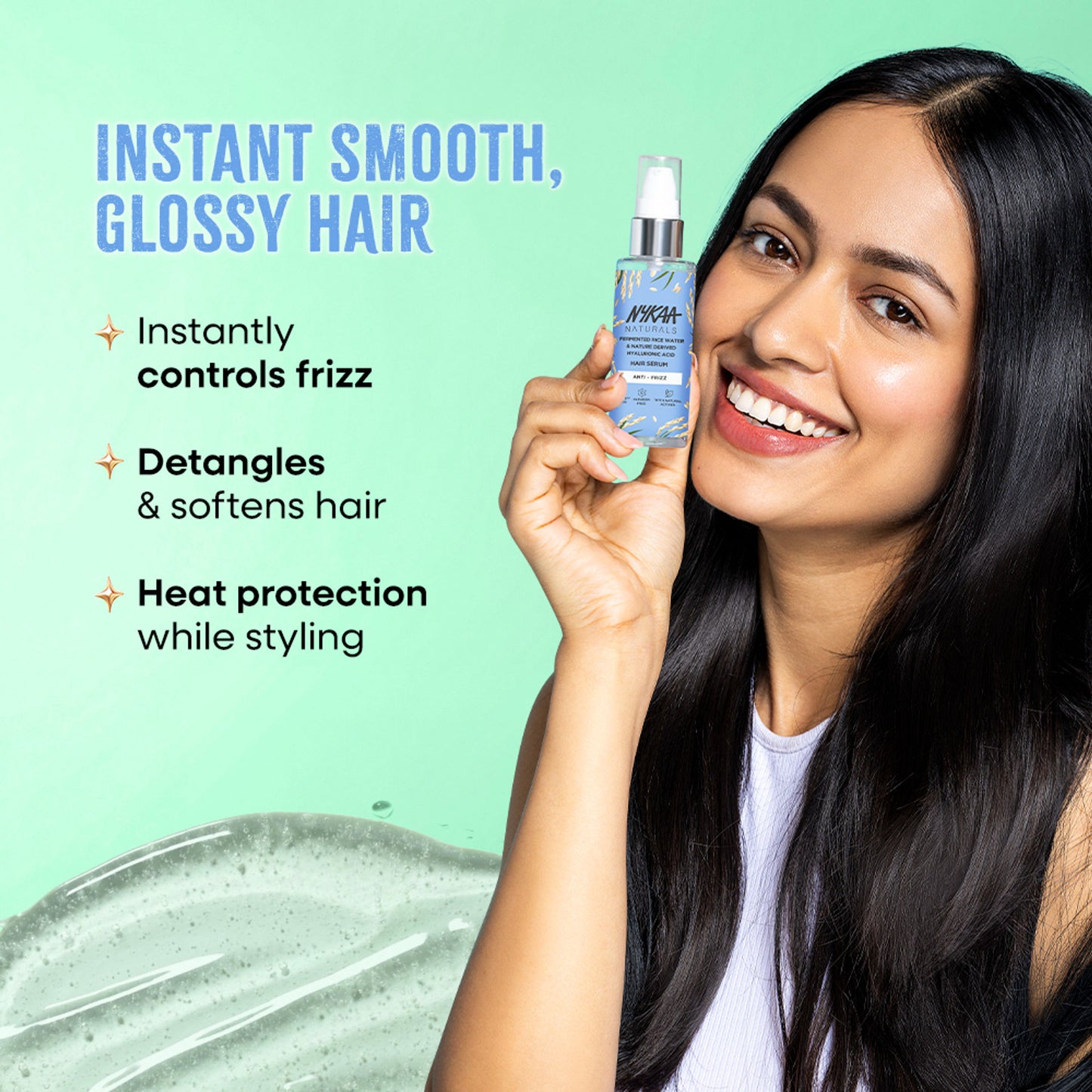 Nykaa Naturals Rice Water & Hyaluronic Acid Hair Serum for Frizz Control & Smooth, Shiny Hair - Rice Water Hyaluronic Acid