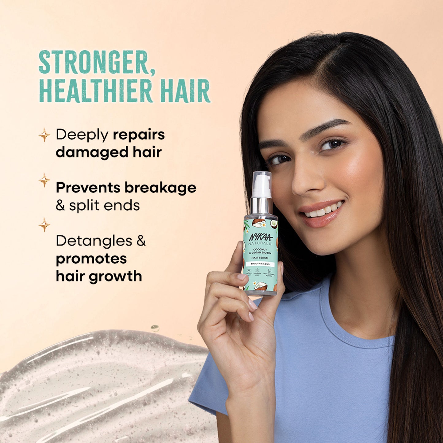 Nykaa Naturals Rice Water & Hyaluronic Acid Hair Serum for Frizz Control & Smooth, Shiny Hair - Coconut Oil Vegan Biotin