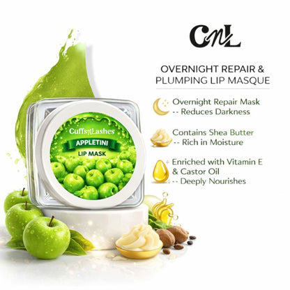 CUFFS N LASHES Lush Lips Intensive Recovery Lip Mask in Apple Tini, creamy lip treatment with vibrant apple flavor.