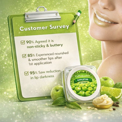 CUFFS N LASHES Lush Lips Intensive Recovery Lip Mask in Apple Tini, showing the sleek jar and vibrant packaging.