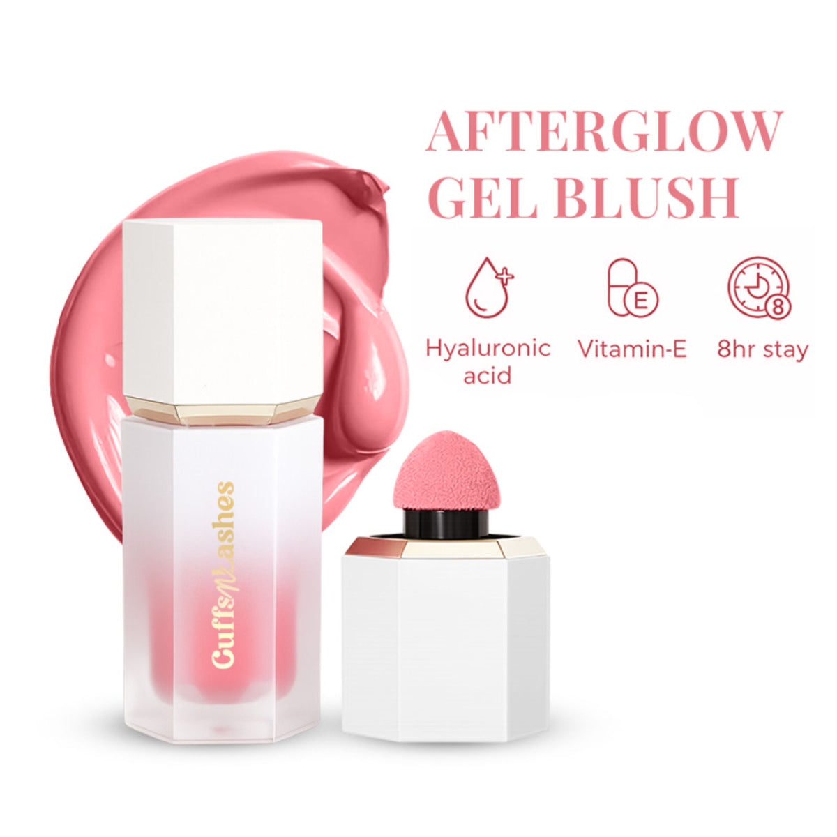 CUFFS N LASHES After Glow Liquid Blush in 02 Blushing Pink, featuring vibrant pink color and smooth liquid formula.