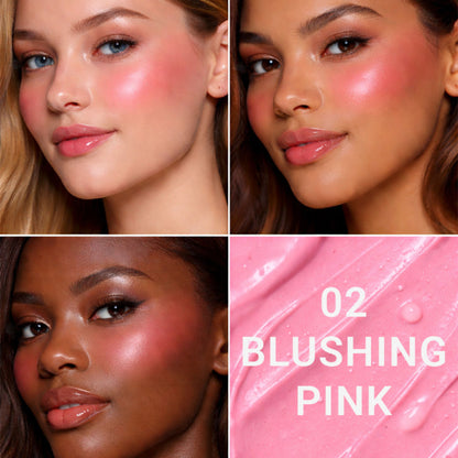 CUFFS N LASHES After Glow Liquid Blush in 02 Blushing Pink, creamy pink blush applied on cheeks for a natural glow.