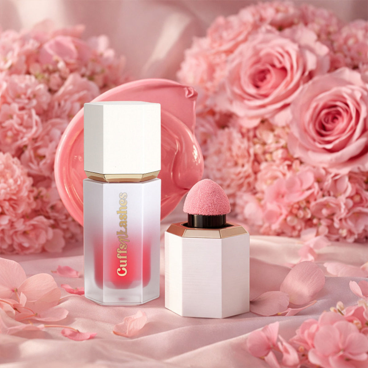 CUFFS N LASHES After Glow Liquid Blush in 02 Blushing Pink, creamy pink liquid blush applied on cheeks for a natural glow.