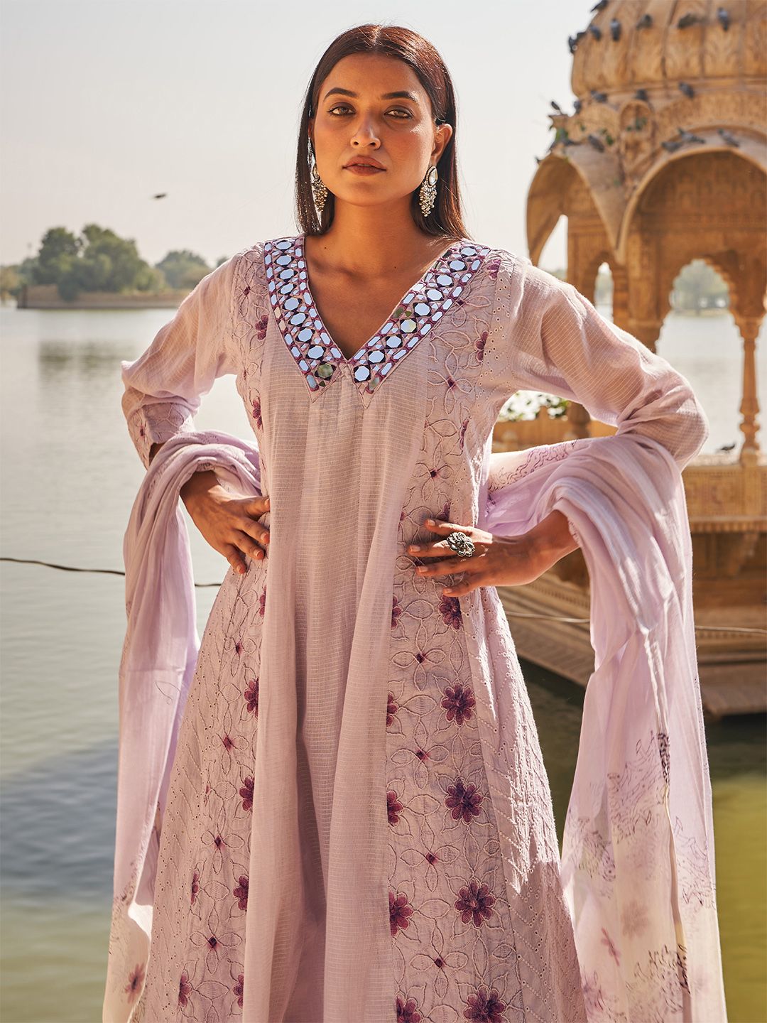 Floral Embroidered Mirror Work Anarkali Pure Cotton Kurta With Trousers & Dupatta