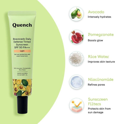 Quench Vit E Avocado Tinted SPF 50 PA+++ Sunscreen with 2% Niacinamide - Light