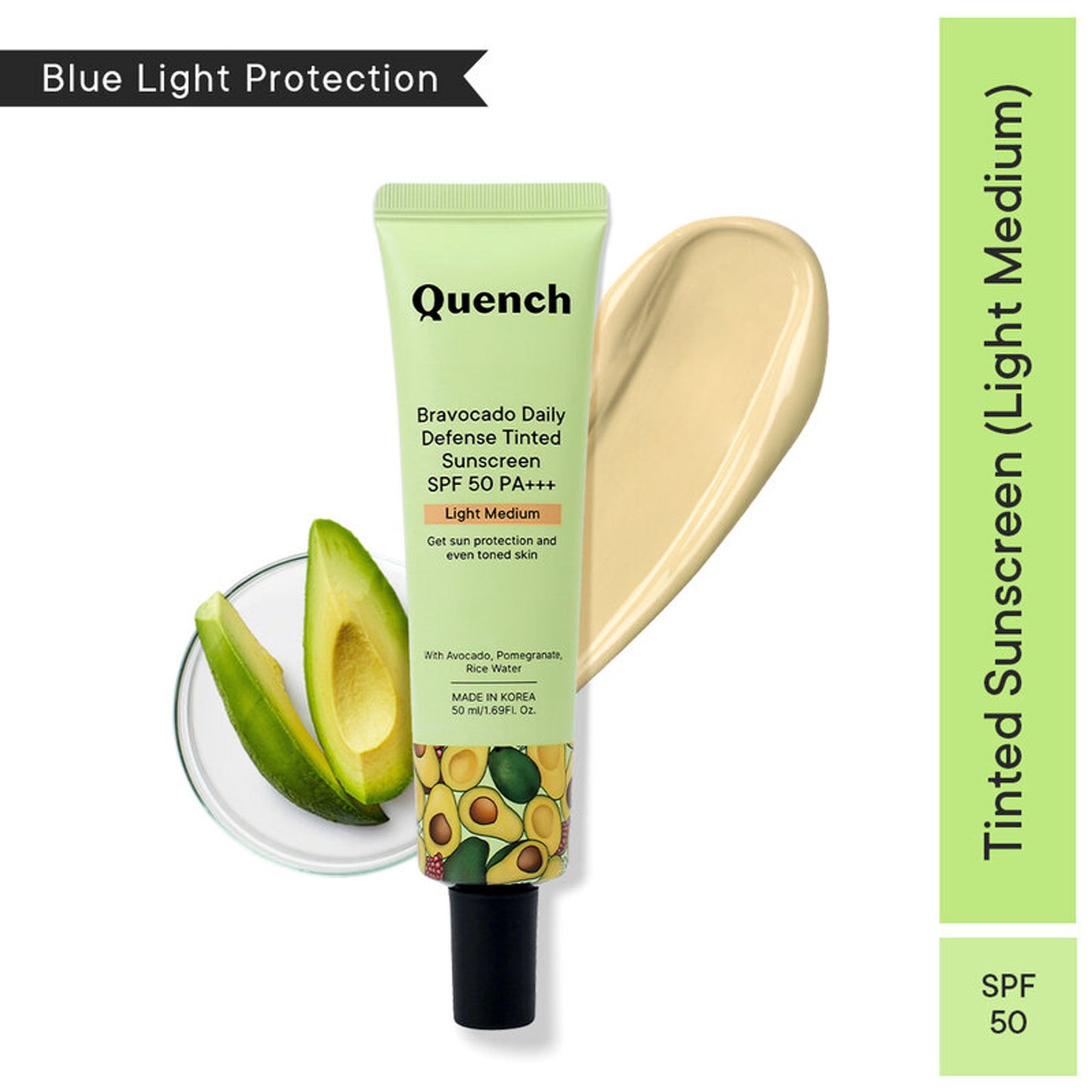 Quench Vit E Avocado Tinted SPF 50 PA+++ Sunscreen with 2% Niacinamide - Light Medium