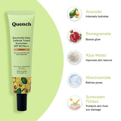 Quench Vit E Avocado Tinted SPF 50 PA+++ Sunscreen with 2% Niacinamide - Medium