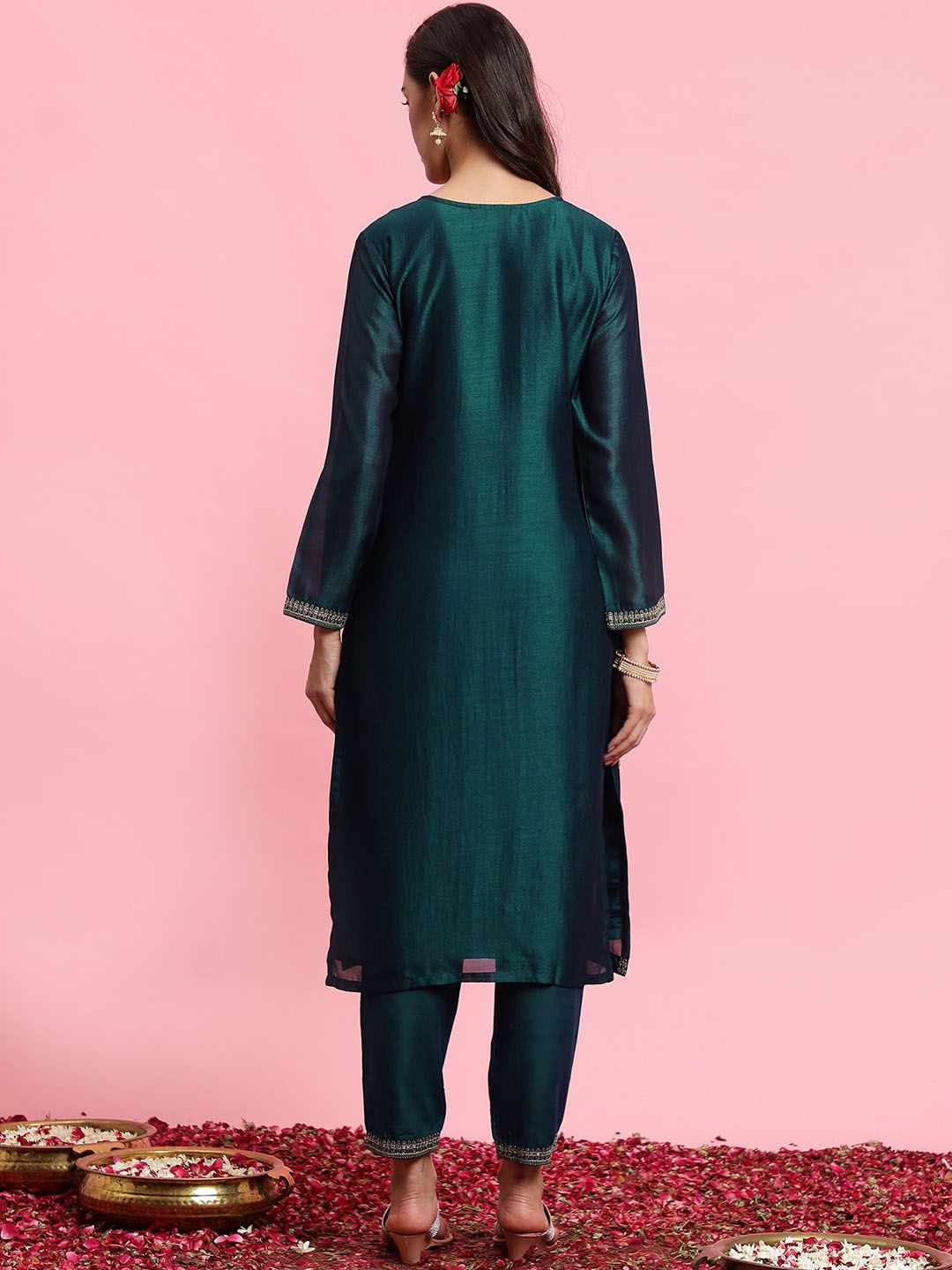 Indyancart IE Embroidered Straight Sequinned Kurta with Trousers & Dupatta