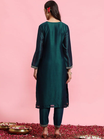 Indyancart IE Embroidered Straight Sequinned Kurta with Trousers & Dupatta