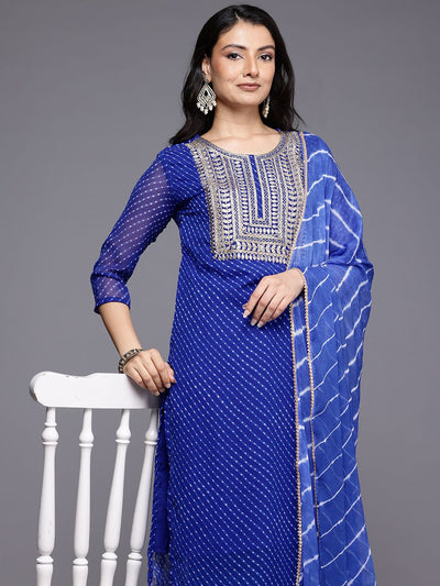 Indyancart VA Women'sLeheriya Printed Zari Kurta With Trousers & Dupatta
