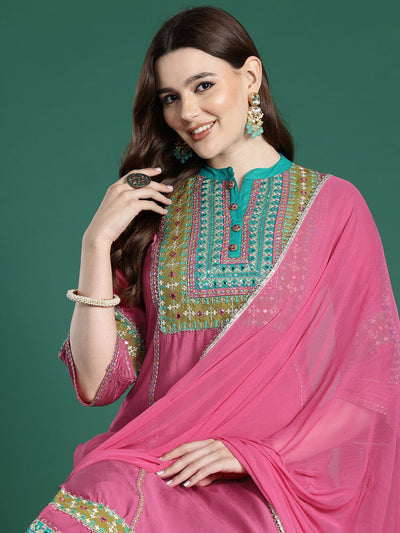 Indyancart IE Ethnic Motifs Embroidered Panelled Mirror Work Kurta With Trousers & Dupatta
