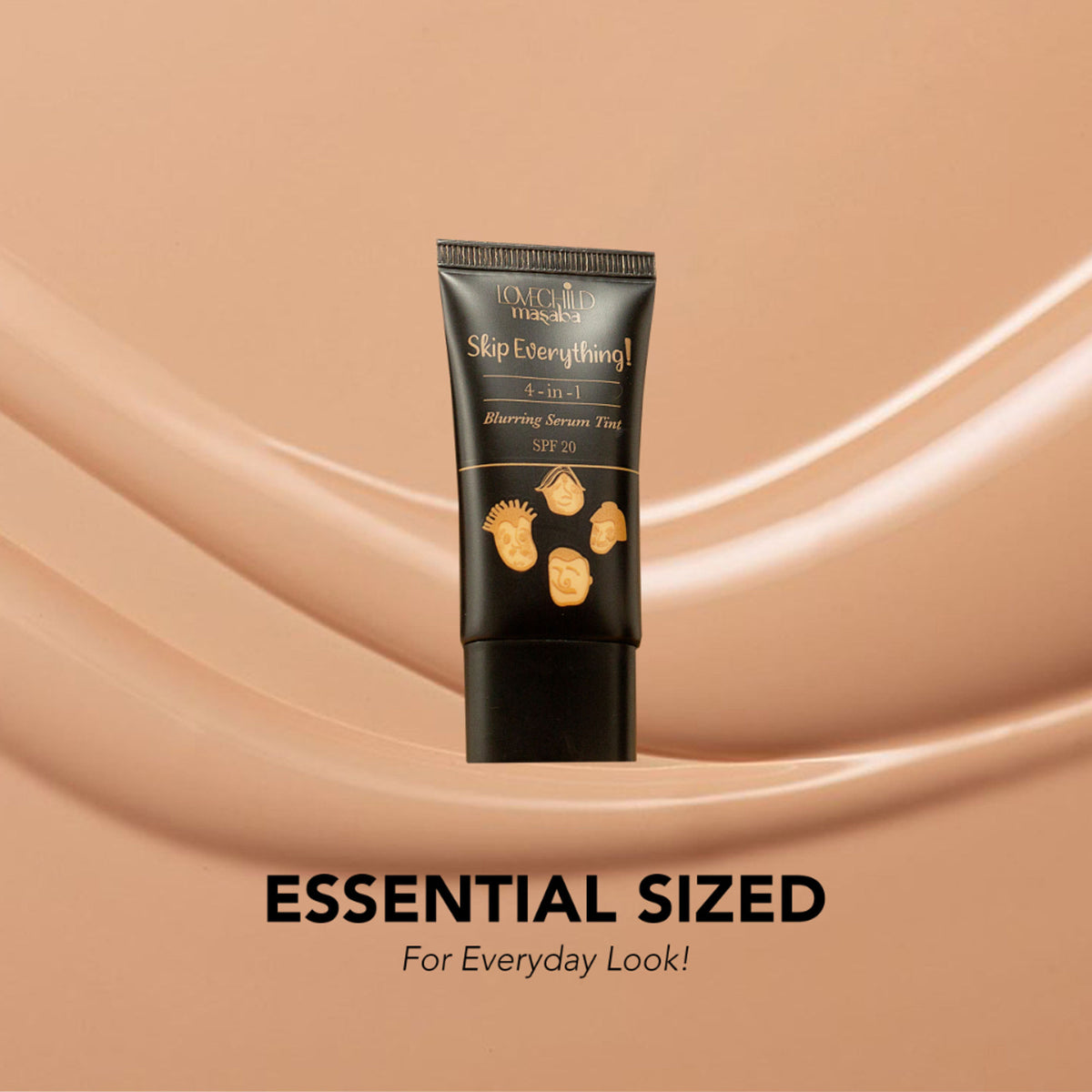 Lovechild Masaba Skin Tint SPF 20 with Vitamin E, liquid foundation for all skin types, providing a natural, lightweight glow.