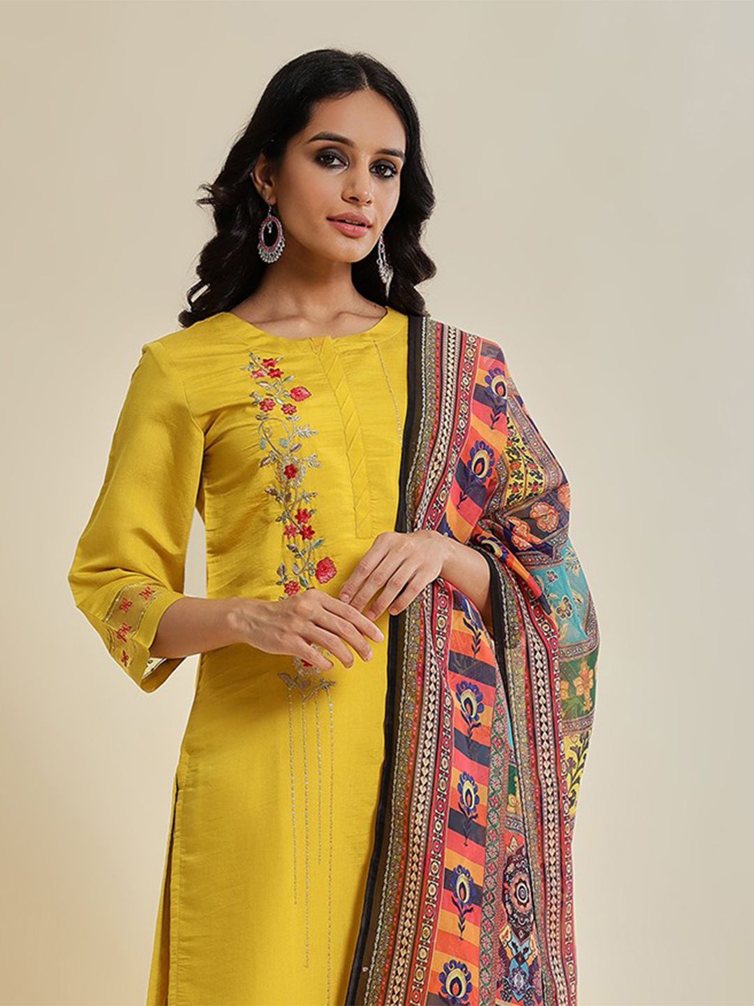 Indyancart VA Women'sYellow Floral Embroidered Sequinned Kurta With Trousers & Dupatta