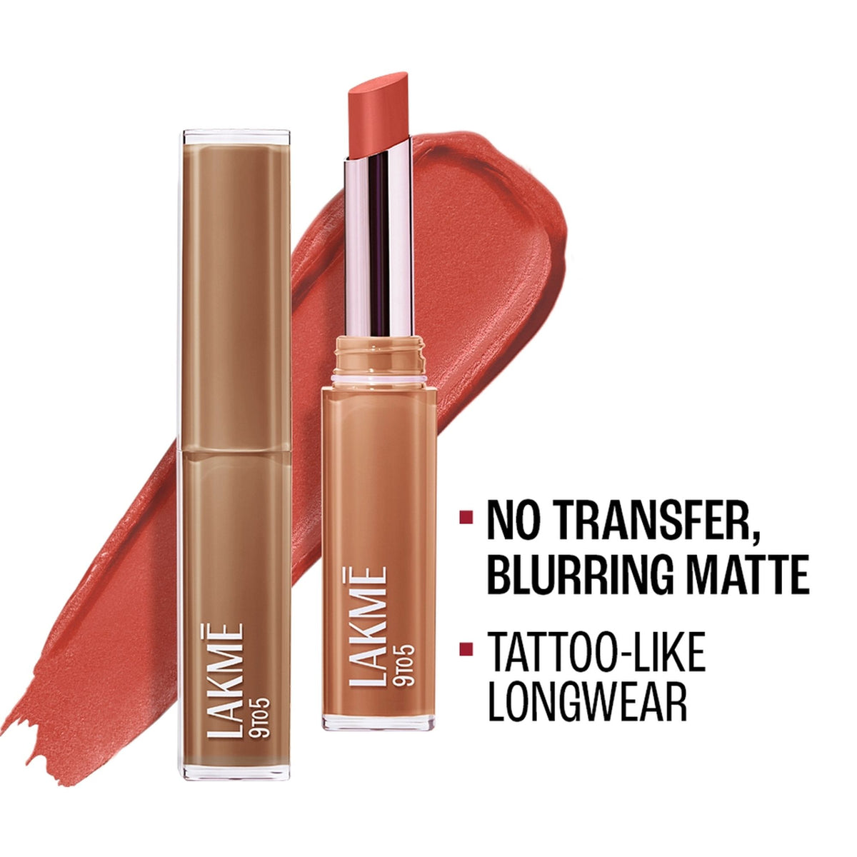 Lakme 9To5 Lip Tattoo Matte Slim Stick in MB17 Totally Taupe, displaying the taupe-colored lip product with sleek packaging.