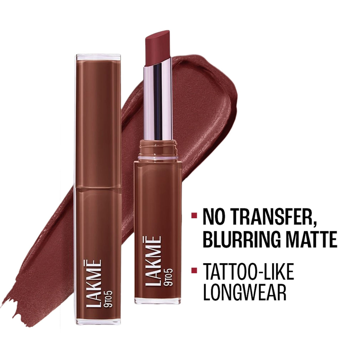 Lakme 9To5 Lip Tattoo Matte Slim Stick in MM3 Sangria Weekend, showing the deep red lipstick swatch on a model's lips.