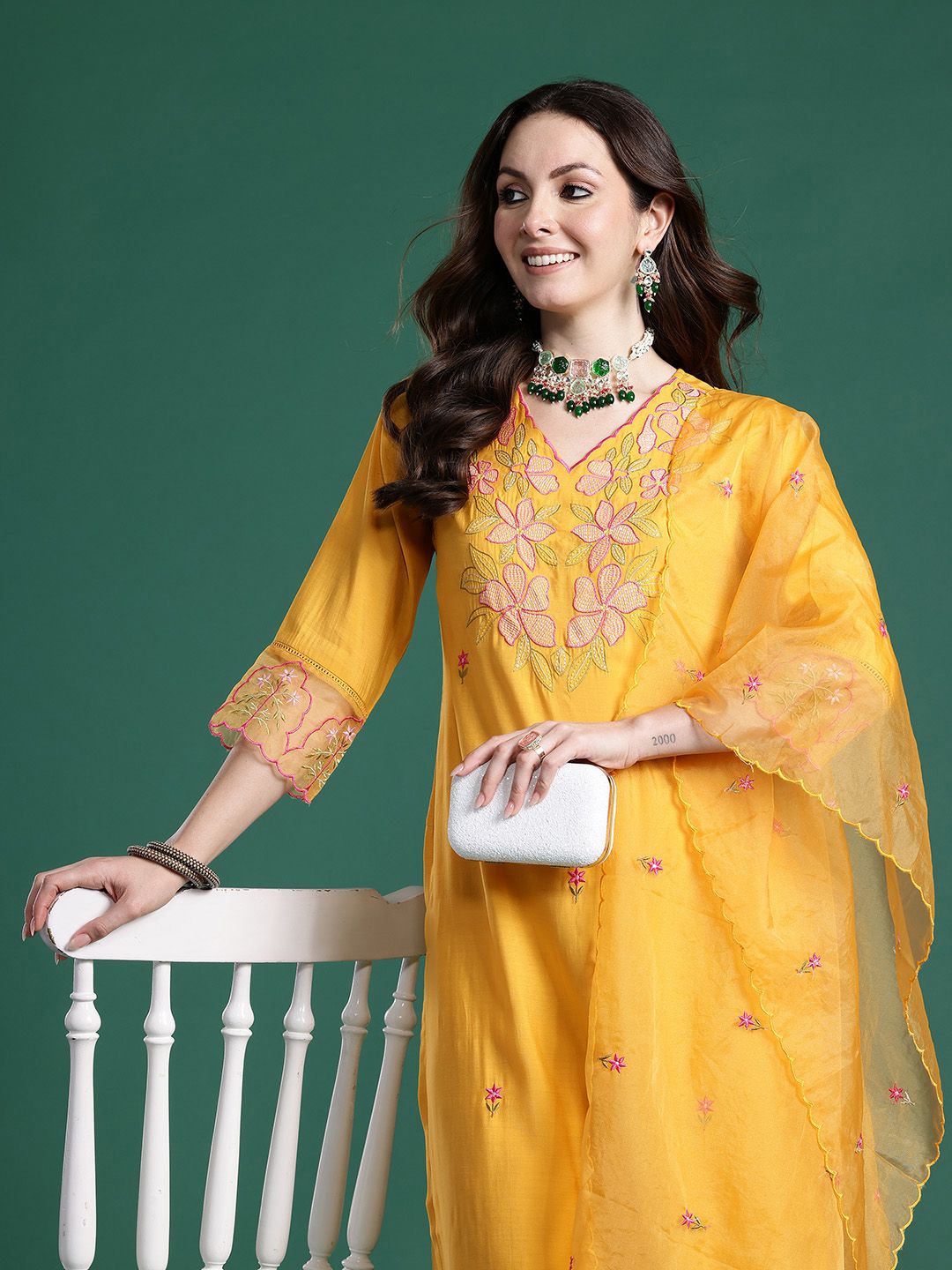 Floral Embroidered Thread Work Kurta with Trousers & With Dupatta