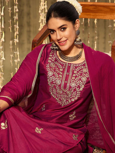 Indyancart IE Ethnic Motifs Embroidered Zari Straight Kurta With Trousers & Dupatta