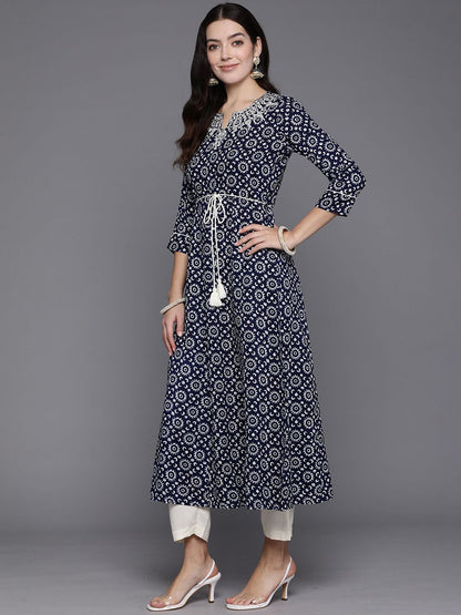 Indyancart IE Pack Of 2 Floral Printed Notch Neck A-Line Kurta