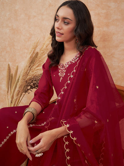 Indyancart SN Women's Maroon Floral Embroidered Straight Kurta With Trousers & Dupatta