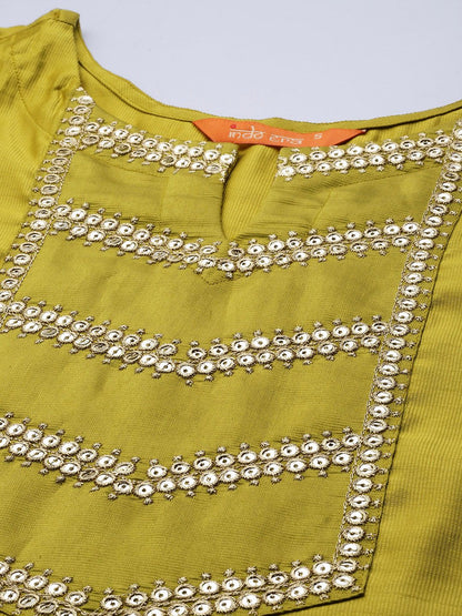 Indyancart IE Women Olive Green Ethnic Motifs Embroidered Kurta with Trousers & Dupatta