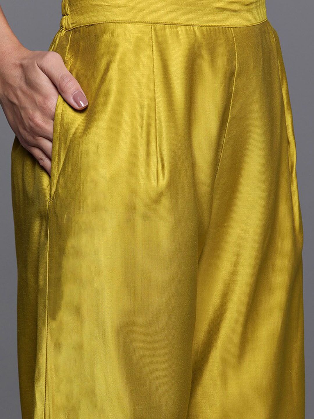 Indyancart IE Mustard Yellow & Maroon Yoke Design Liva Kurta with Trousers & Dupatta