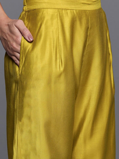 Indyancart IE Mustard Yellow & Maroon Yoke Design Liva Kurta with Trousers & Dupatta