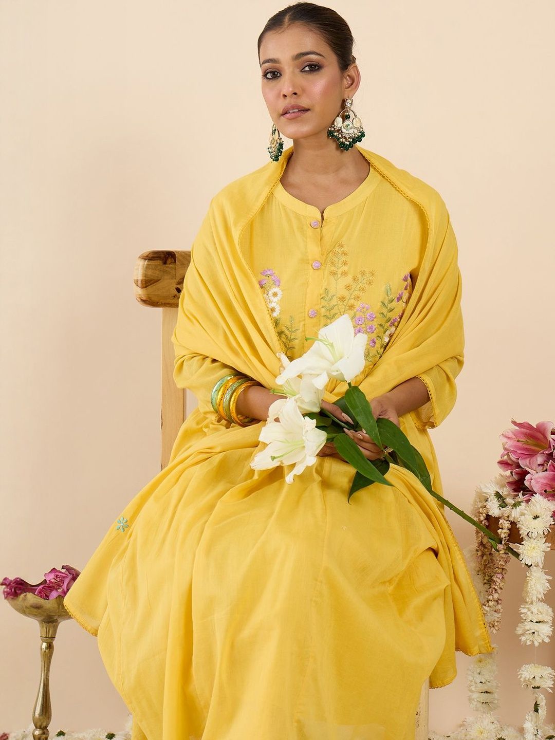 Floral Embroidered Pleated Pure Cotton Straight Kurta With Trousers & Dupatta