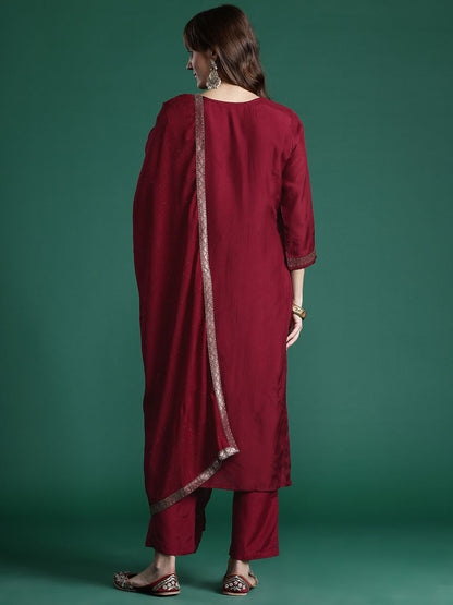 Indyancart IE Embroidered Jacquard Zari Kurta With Trousers & Dupatta