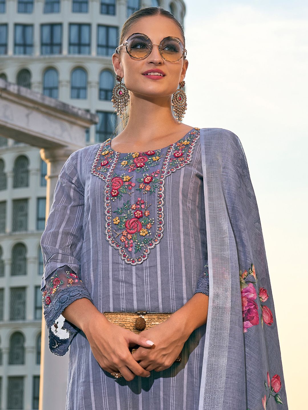 Indyancart IE Grey Floral Embroidered Thread Work Pure Cotton Kurta with Trousers & Dupatta