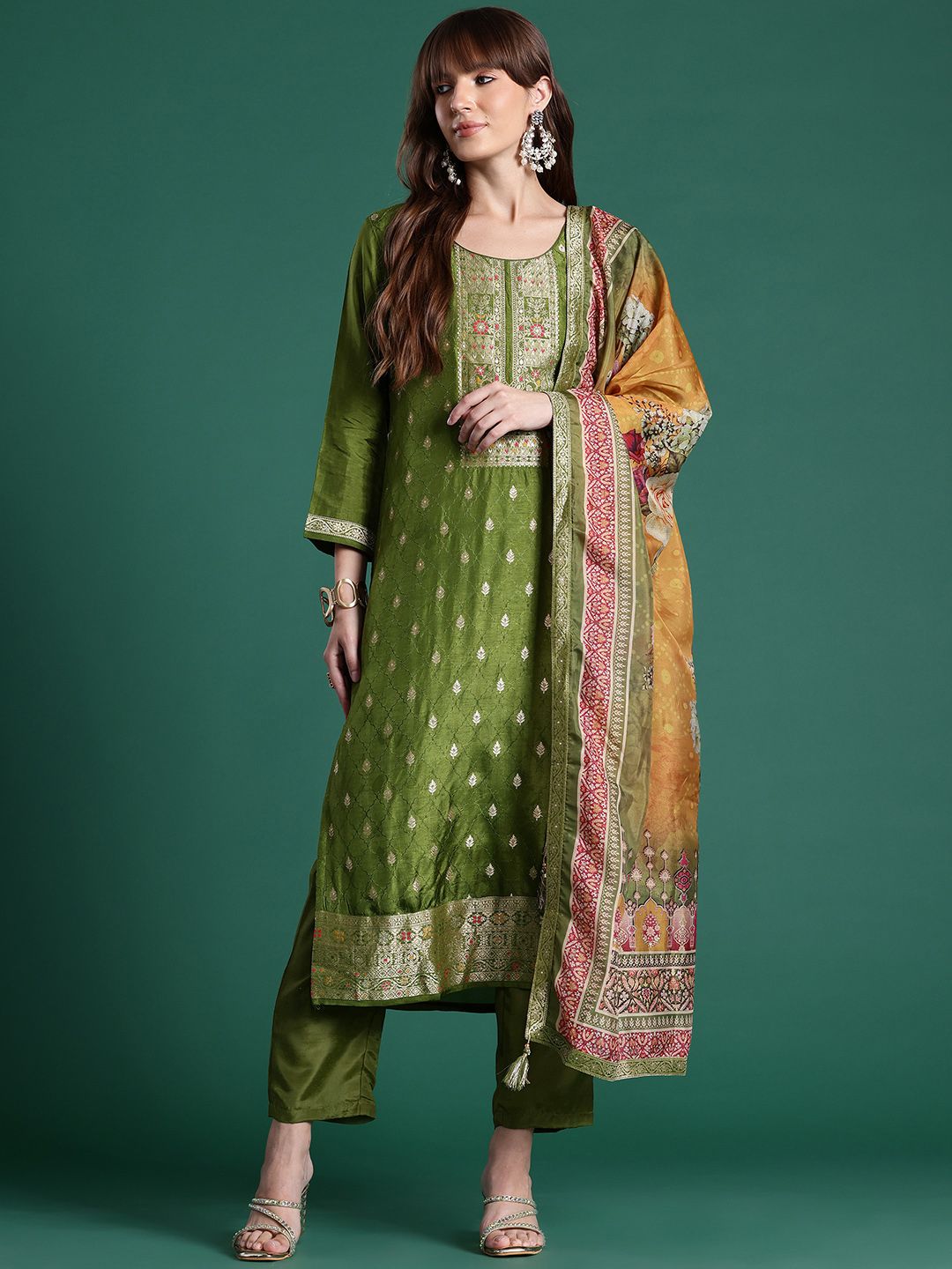 Indyancart IE Ethnic Motifs Kurta with Trousers & Dupatta