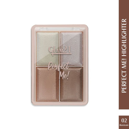 GLAM21 Perfect Me! highlighter palette with four shades and blush for illuminating and adding glow to the skin.
