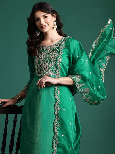 Indyancart IE Ethnic Motifs Zari Embroidered Kurta with Trousers & With Dupatta