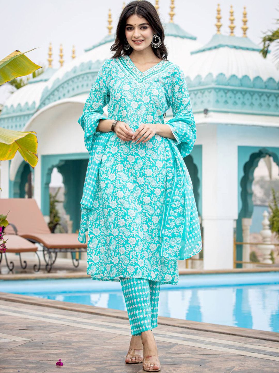 Indyancart VA Women'sEthnic Motifs Printed Regular Mirror Work Kurta with Trouser & Dupatta